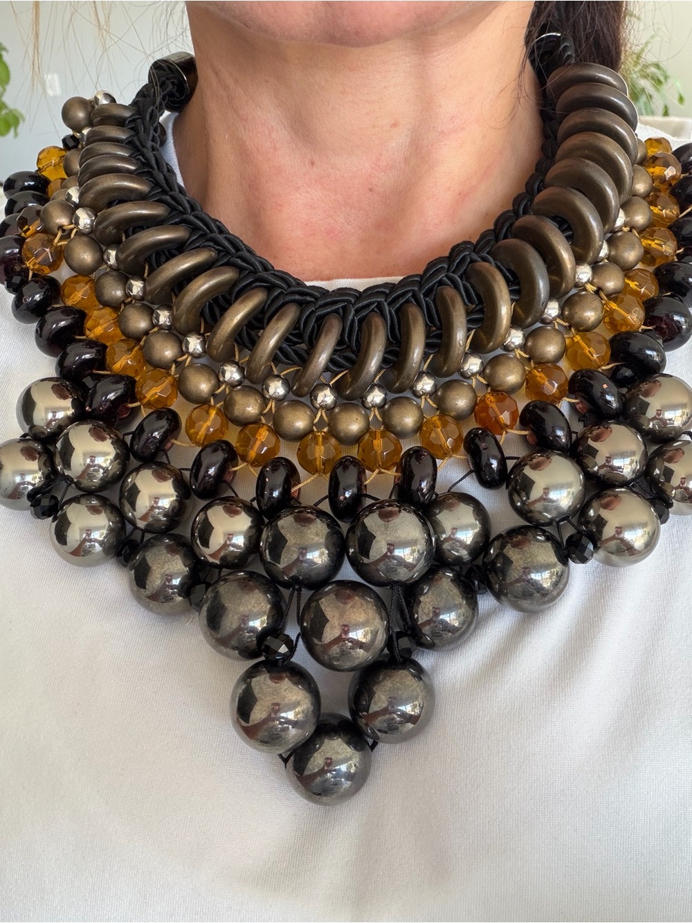 Statement Multilayer Beaded Necklace in Amber, Black and Gunmetal
